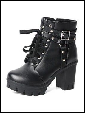 Goth Platform Heel Boots Studded Lace Up Chunky Combat Booties Punk Y2K